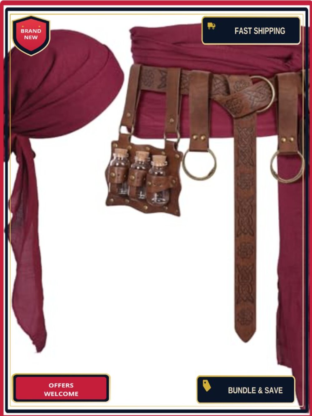 Pirate Costume Accessory Set Faux Leather Belt Coin Pouch Bandana Cosplay
